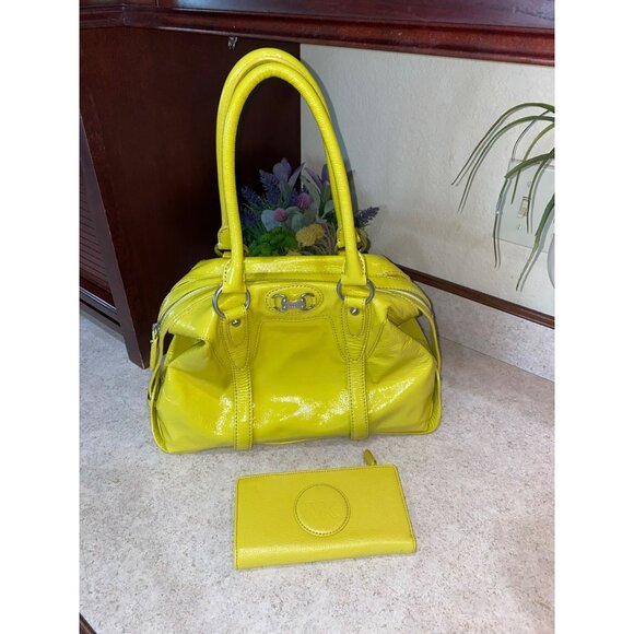 Michael Kors Yellow Patent Leather Satchel Bag With Silver Hardware & Matching W - Picture 1 of 14